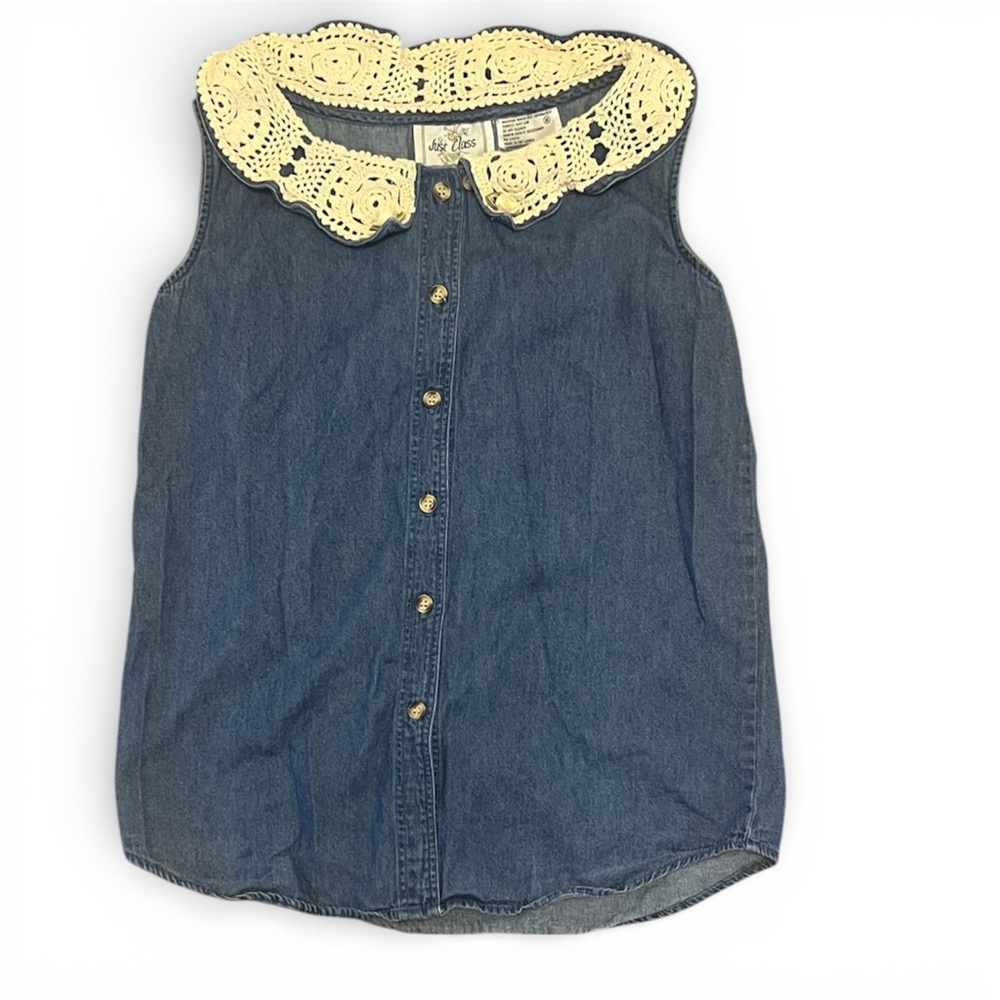 Vintage Denim Sleeveless Top Crochet Lace Peter Pan Collar Button Front M